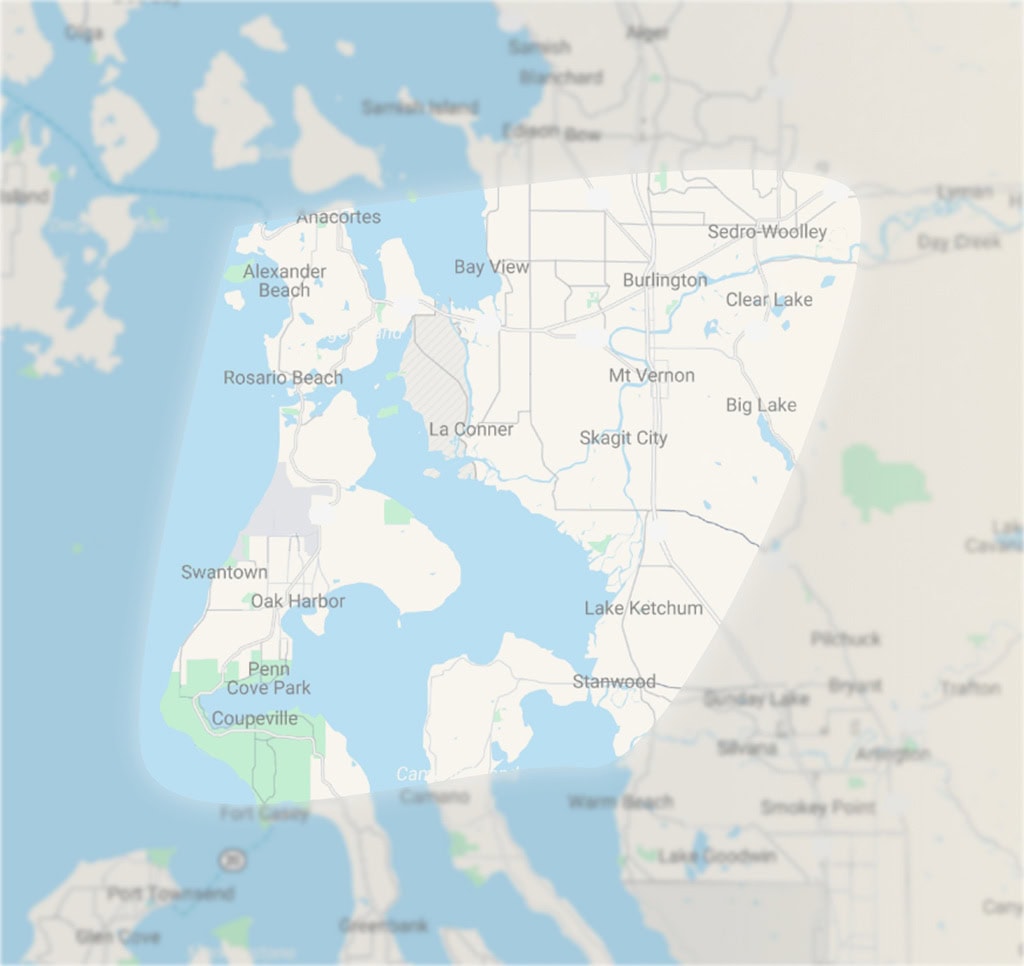 Service area map for All Phase Heating & Air covering Skagit, Island, and parts of other counties in Washington.